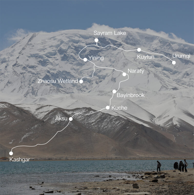 Route map: Across the Tianshan: Heart of the Silk Road — A 21-Day Journey Through the Cultures & Landscapes of Xinjiang